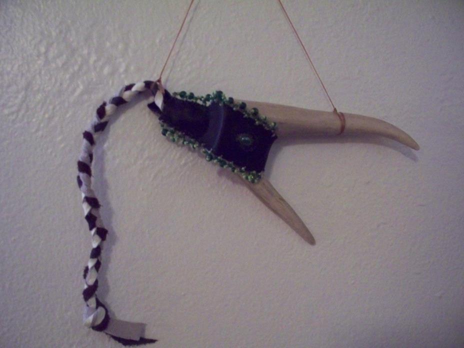 QUIRT,HANDMADE,  DEER SHED HANDLE, BEAD ACCENTS, WALL HANGING