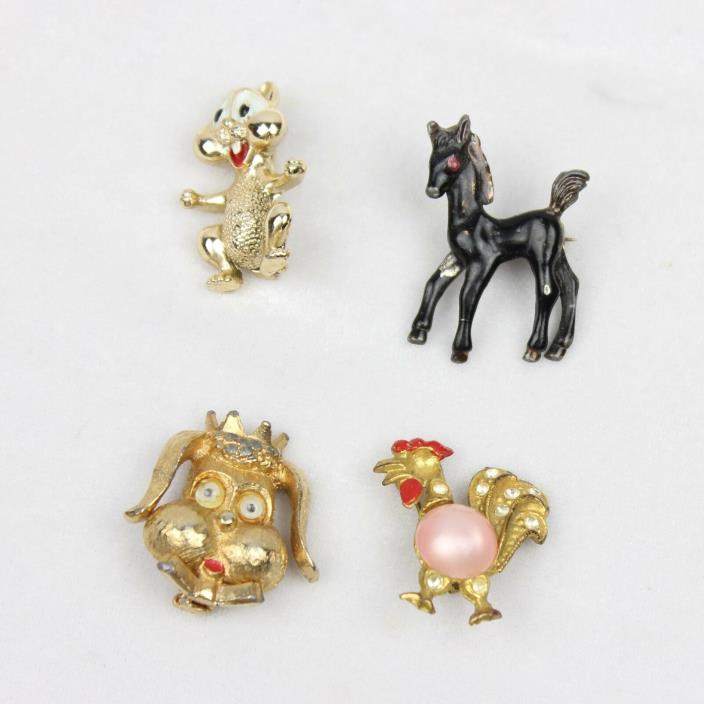 Vintage Animal Pin Lot 4 Gold Tone Horse Pony Dog Queen Chipmunk Gerrys Rooster