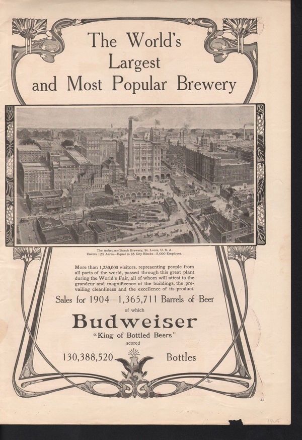 1905 ANHEUSER BUSCH BUDWEISER BEER ALCOHOL BREWERY BEVERAGE DRINK BOTTLE 17383