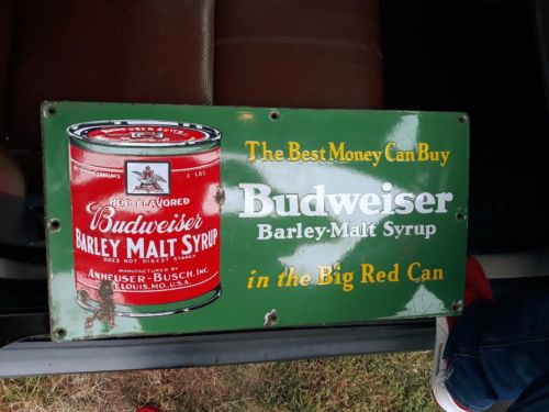 VERY SCARCE 1920's Pre Prohibition Budweiser Barley Malt Syrup Porcelain Sign.