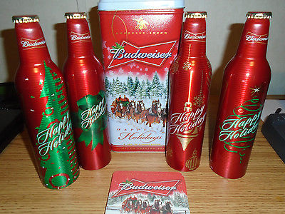 Budweiser Holiday Tin Limited Edition W/4 Aluminum Bottles & Coasters 2007