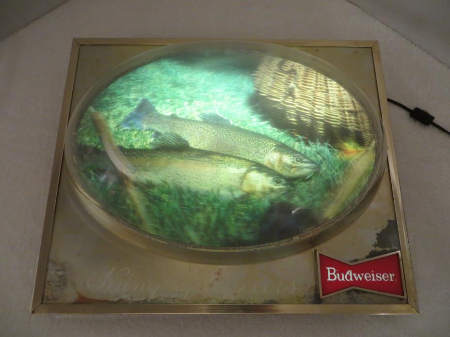 Vintage BUDWEISER BEER LIGHTED BUBBLE 3D SIGN with Lenticular TROUT FISH Works!