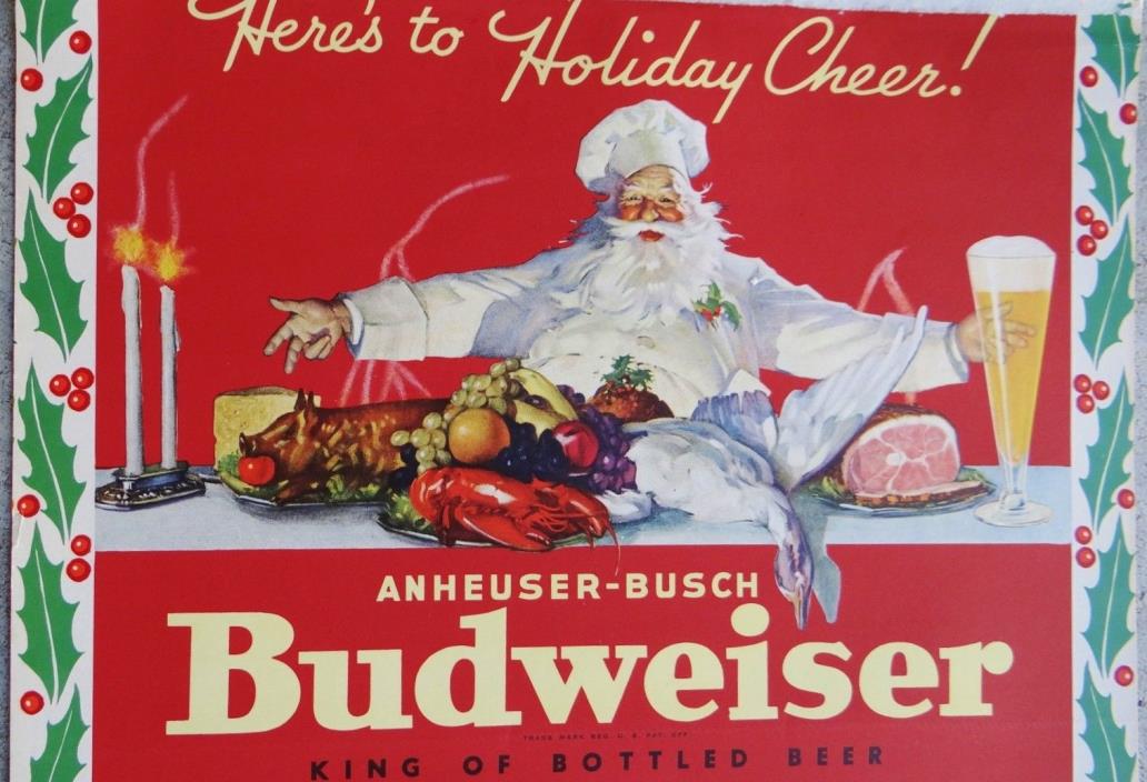 1938 Vtg Budweiser Beer St Louis Christmas Santa Claus Crate Wrap Poster Sign