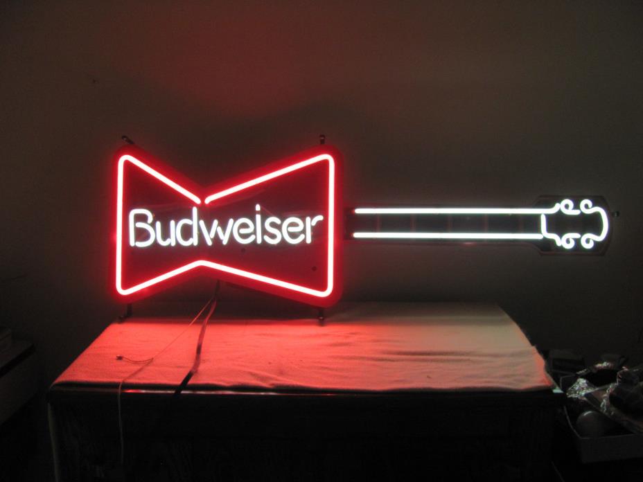 Budweiser Bowtie-Guitar NEON LIGHT SIGN Collectible  1987 RARE  VINTAGE