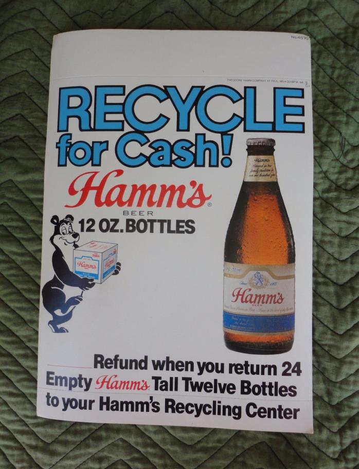 HAMM'S BEER BEAR TALL 12oz BOTTLE RECYCLING SIGN Store Display cardboard UNUSED