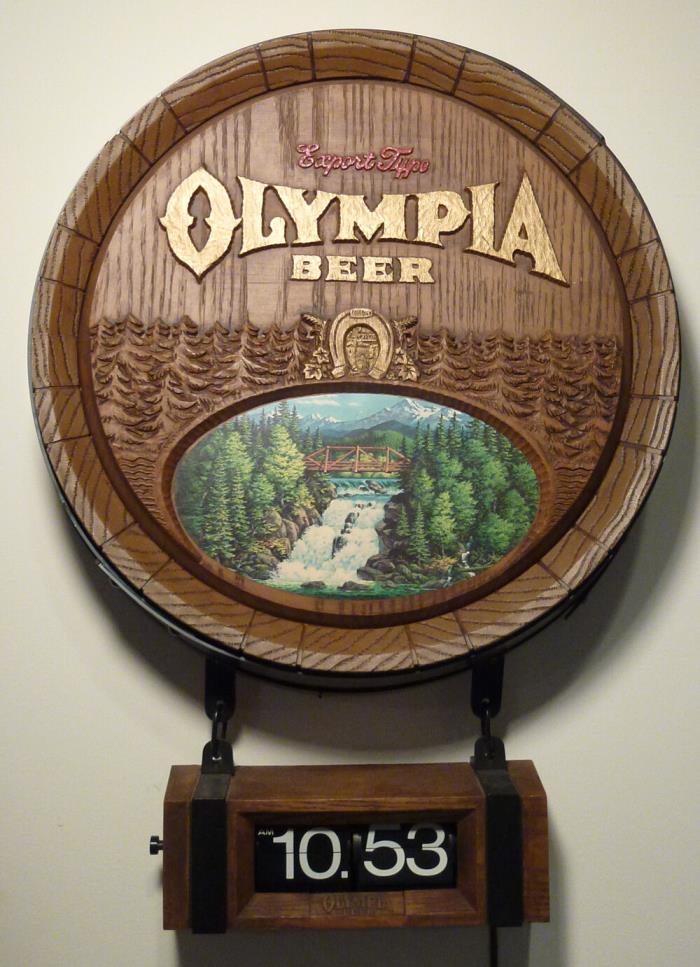 Vintage Olympia Beer Bar Sign Barrel w/ Waterfall & Flippy Clock Early 1980's