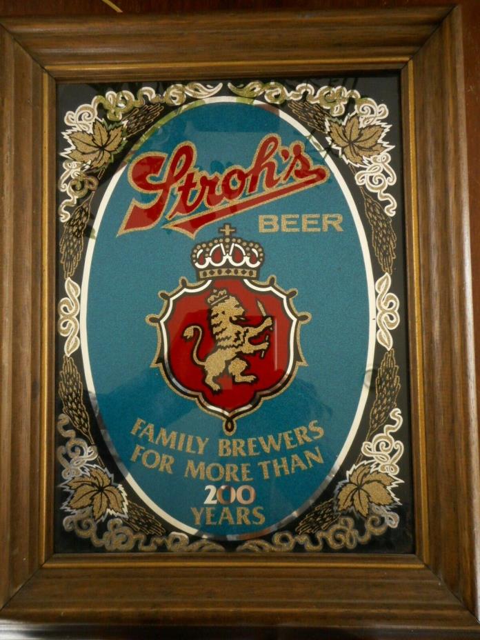 Strohs Beer Sign Mirror Glass Man Cave Framed 11x14