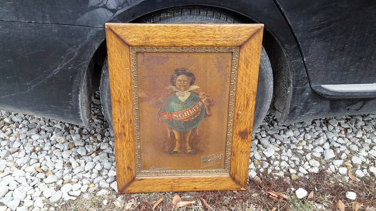 SCHLITZ TIN-OVER-CARDBOARD BEER SIGN. GLOBE. FRAMED. Pre Prohibition