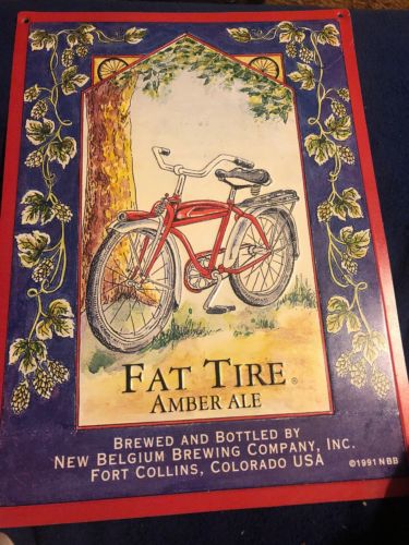 Vintage Fat Tire Amber Ale Tin Beer Sign 1991 New Belgium Brewing Embossed