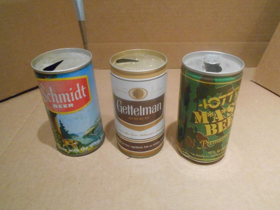 3 Vintage GETTELMAN, SCHMIDT AND 4077TH MASH Beer Cans 2 STEEL W/ALUMINIUM TOP