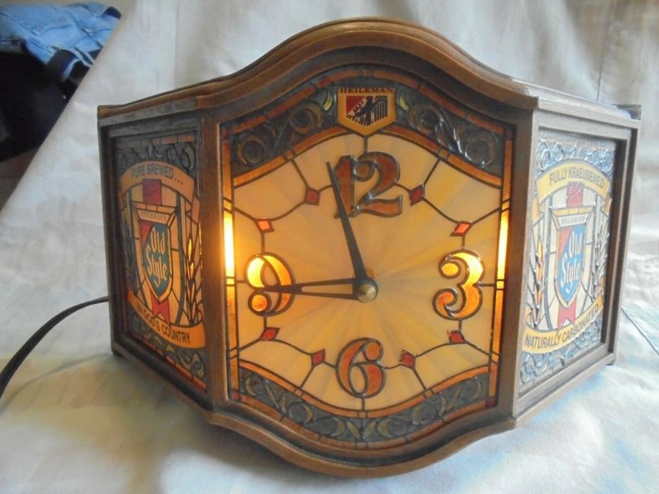 OLD STYLE BEER THREE SIDED LIGHTED TIFFANY CLOCK W/ FAUX STAINED GLASS