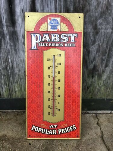 Pabst Blue Ribbon Beer Embossed Tin Thermometer Sign 1950s Vintage  20.5 In Long