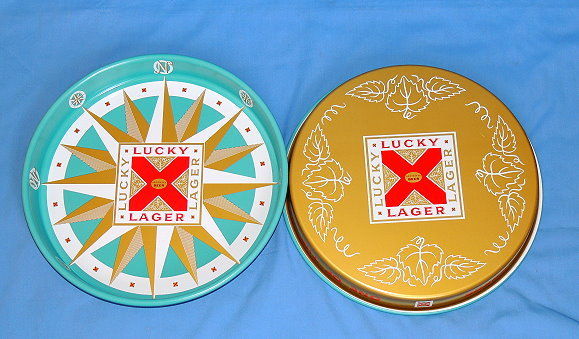 Vintage Original LUCKY LAGER Beer Tin Tray With Compass Design - 13-1/8