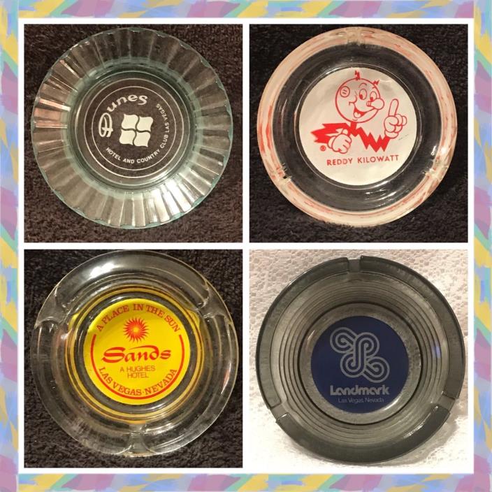 Lot of 4 vintage Dunes Sands Lamdmark Casinos & Reddy Kilowatt glass ashtrays