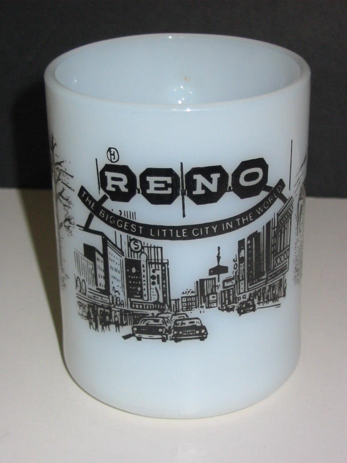 60's Vtg Reno Nevada Souvenir Federal White Milk Glass Mug Coffee Cup Gift