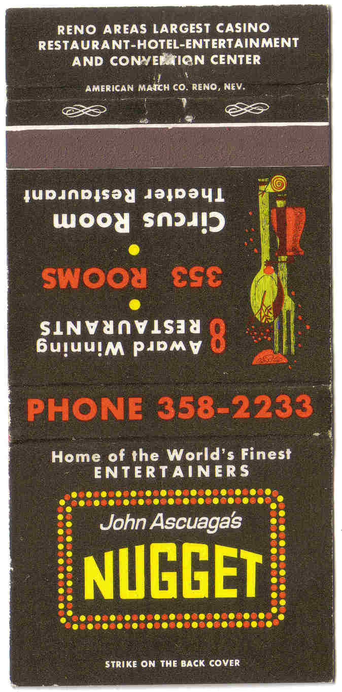 JOHN ASCUAGAS NUGGET CASINO RENO NEVADA VINTAGE MATCHBOOK COVER