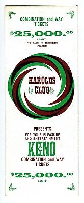 Harold's Club Keno Instructions Book Reno Nevada