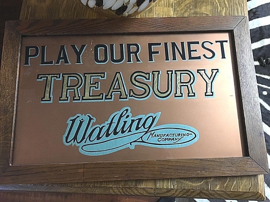 ANTIQUE REVERSE GLASS WATLING TREASURY SLOT MACHINE ADVERTISING SIGN