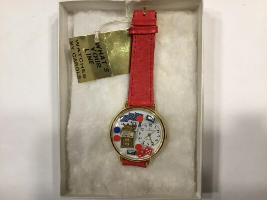 Gambling Casino quartz watch with red leather band by Carole DeWoskin Spielberg