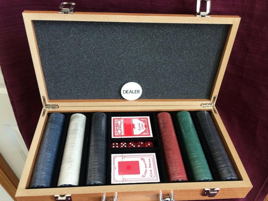 Poker Set, Wood Travel Box Chips & Cards & Dice