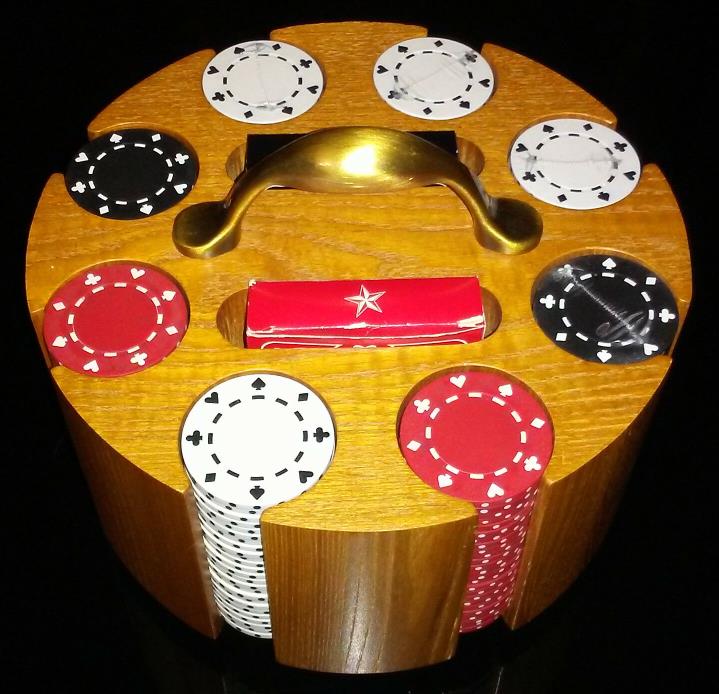 Poker Set Wooden Carousel Case with Playing Cards and Chips