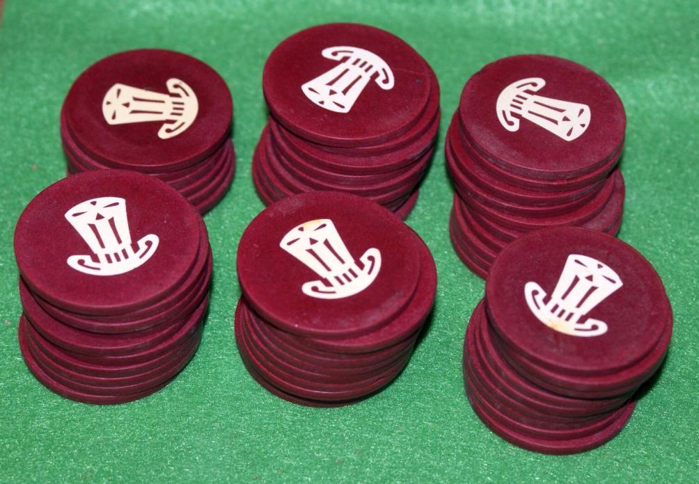 VINTAGE RED COMPOSITION or CLAY ANTIQUE POKER CHIPS TOP HAT ks very good