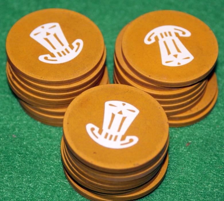 VINTAGE YELLOW COMPOSITION or CLAY ANTIQUE POKER CHIPS TOP HAT ks very good