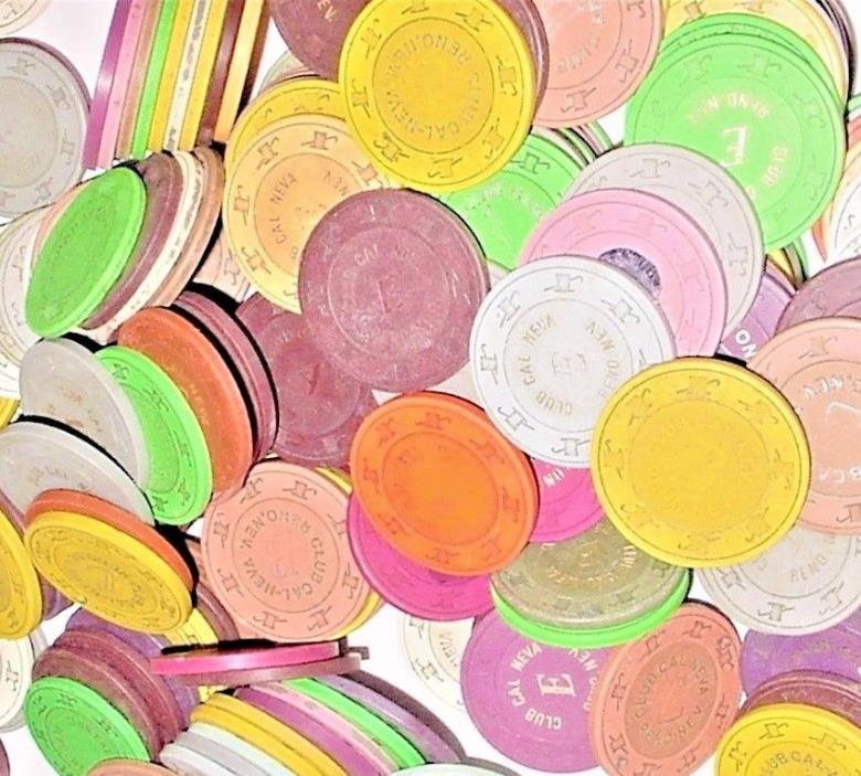 CASINO CLAY CHIP LOT 100 ROULETTE GAME CHIPS 1970's-1990 Vintage Mixed Colors