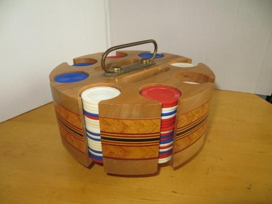 Poker Chip Caddy / Holder / Rack  Mid-Century Solid Inlaid Wood 8