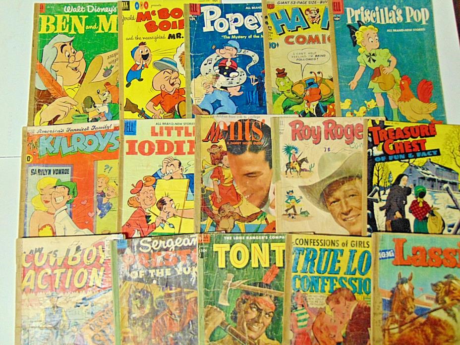Lot of 15 Pop Hollinger Rebuilt Comic Books 1950s Lassie Popeye Tonto Roy Rogers