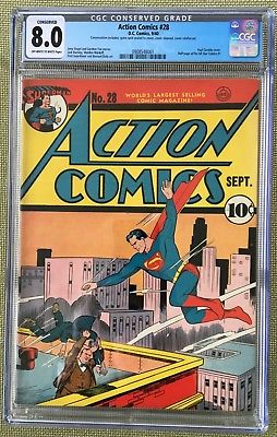 Action Comics #28 (1940) CGC 8.0 -- O/W to White pgs Jerry Seigel - Conserved