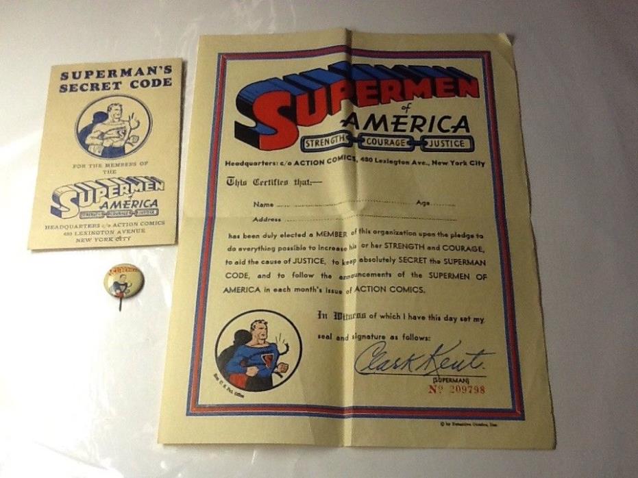 Antique 1938  Superman Action Comics Pin Back Membership Certificate, Code Book