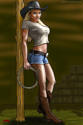 Cowgirl country rope rodeo PRCA fantasy daisyduke 11x17 pinup print Dan DeMille