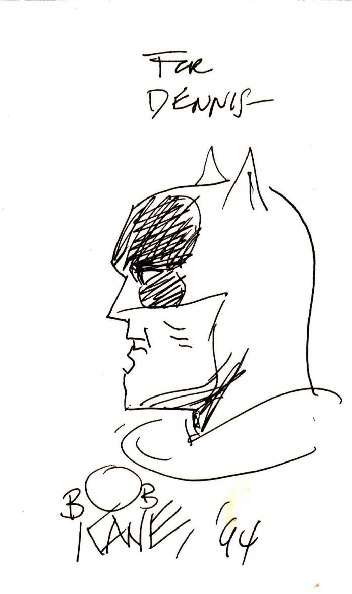 Bob Kane sketch of Batman with autograph signature