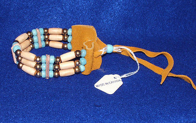 Bracelet Bone Hairpipe Brass & LIGHT BLUE Glass beads on Leather Iroquois