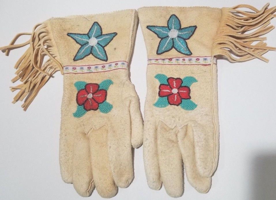 Aboriginal Indian Beaded Leather Gauntlet Gloves