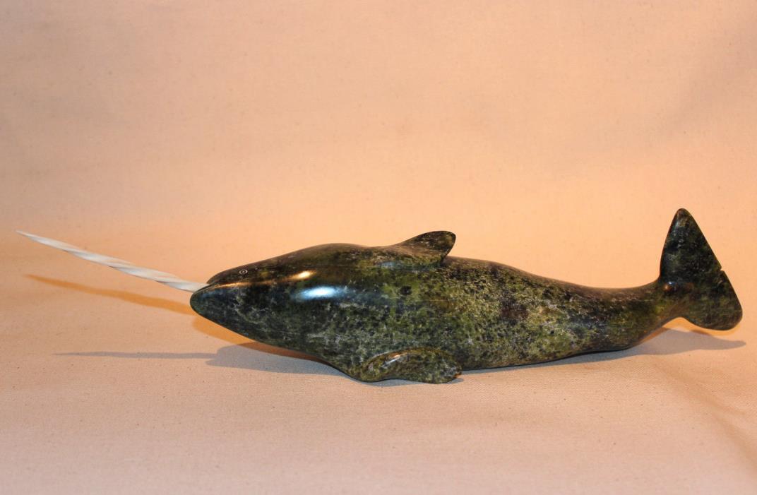 NORTHWEST ESKIMO INUIT CARVING SCULPTURE NARWHAL SIGNED-MARKED / DATED 1984