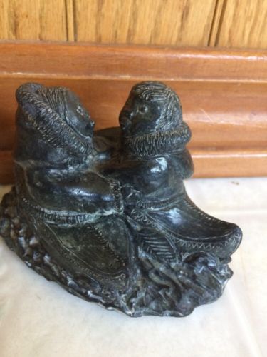 Wolf Sculptures Original Inuit Eskimo Couple in Kayaks Paperweight Soapstone