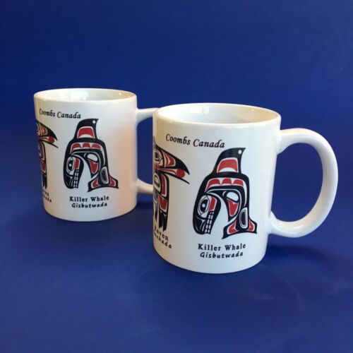 2 Coombs Canada White Pottery Coffee Mugs Whale Raven Salmon Eagle Native