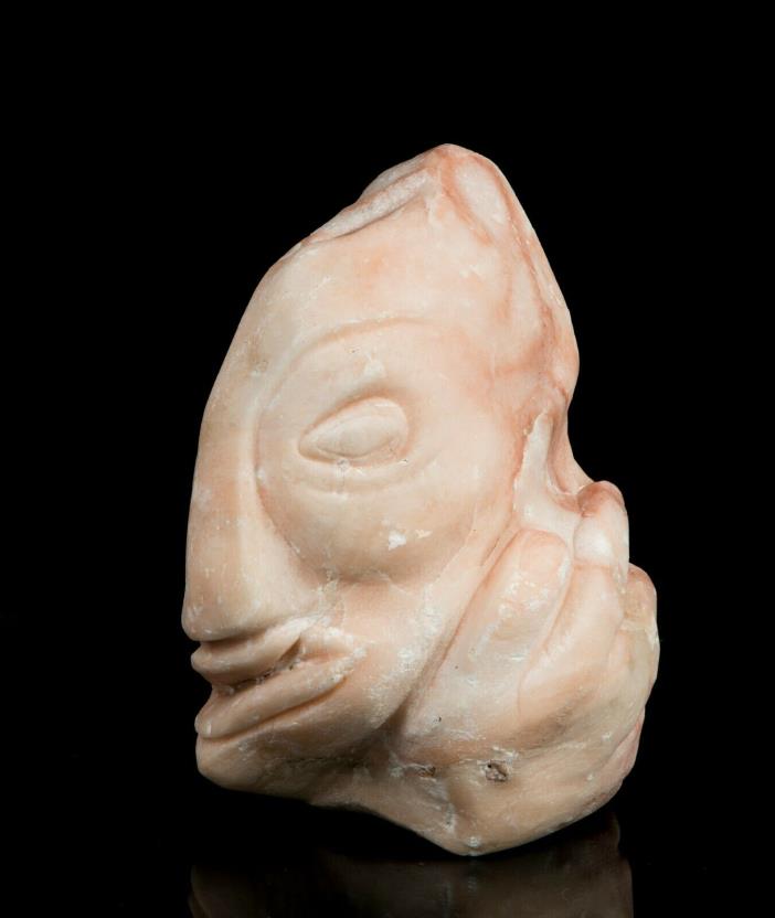 Sculpture, Pink Stone Steatite Iroquois Style False Face, Indistinctly Signed