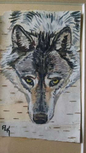 Wolf Birch Bark Painting Cabin Decor Log Home