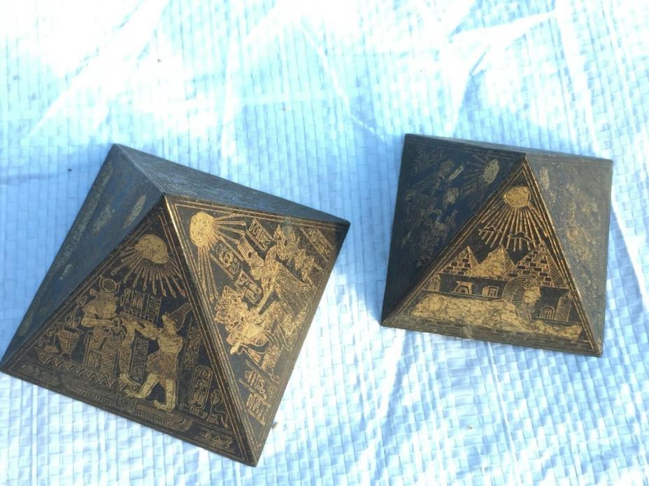 Vintage Set 2 Brass Pyramid From Egypt Detailed Etching On All Sides Quality