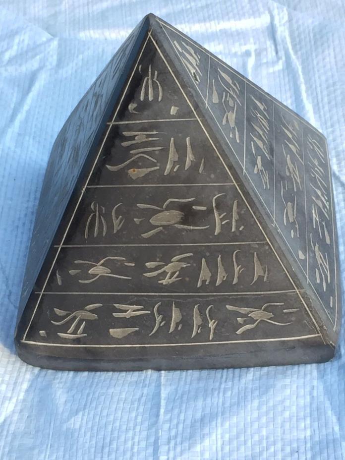 Large Heavy Black Stone Carved & Etched  Egyptian Pyramid