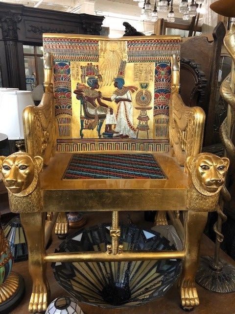 Egyptian Revival Carved Gilt Throne Arm Chair
