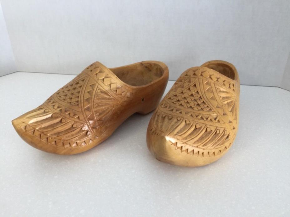 Wooden Shoes Holland Klompen Hand Carved Clogs Solid Wood Handmade - Vintage