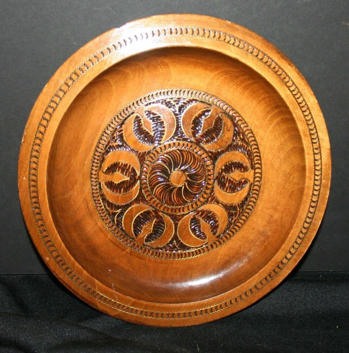 VTG Wooden Plate Inlaid Brass Carved Polish ? Poland ? Czechoslovakia Russian?