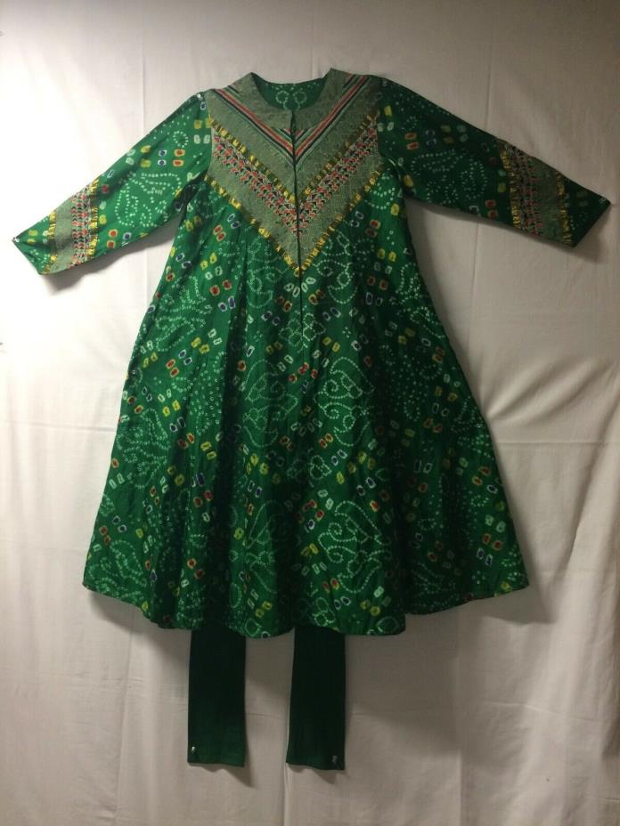 Elegant Contemporary Traditional Woman's Green Silk Outfit from India