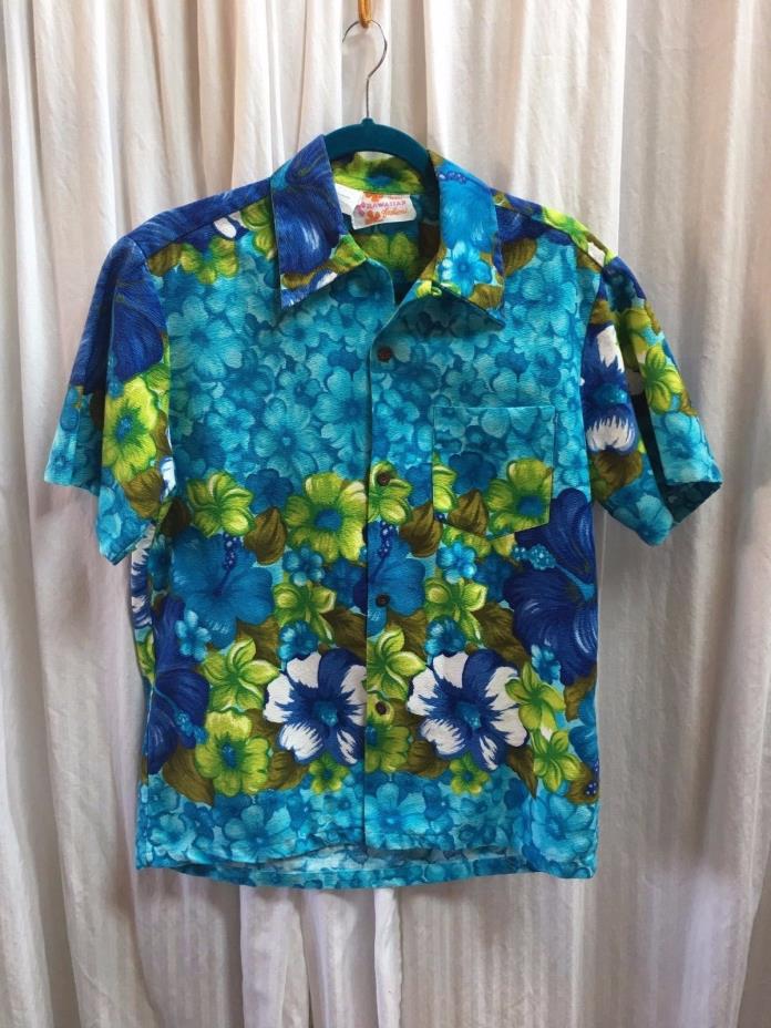 VTG Hawaiian Bark Cloth Shirt Coconut Buttons Blues and Greens Sears Fashion