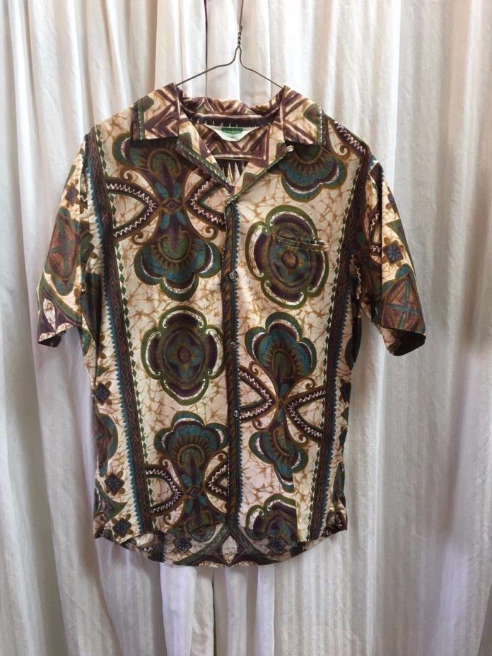 VTG Hawaiian MALIHINI Hawaiian Shirt Greens Browns Tans Combed Cotton Mens Sz S