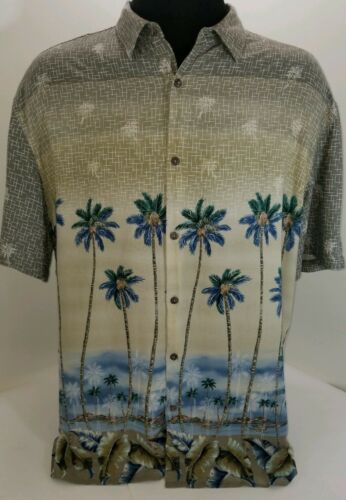 Hawaiian Mens XL ISLAND SHORES Beige Button Front Shirt Camp Palm Tree Print